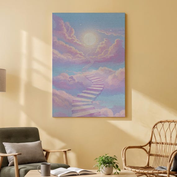 Stairway To Heaven Canvas Dreamy Pastel Cloudscape Wall Art Surreal Sky Steps Print Spiritual Inspirational Artwork For Bedroom