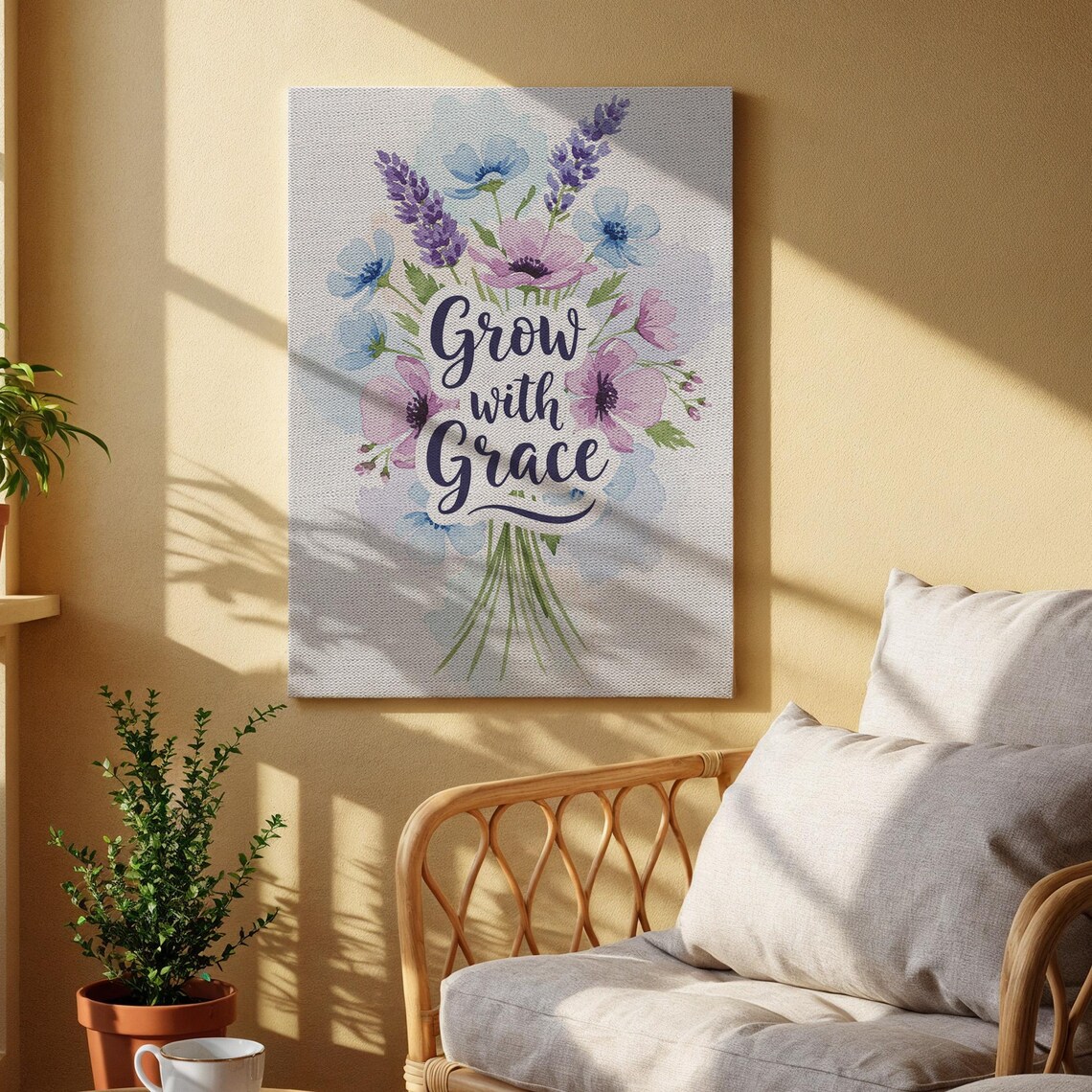 Grow With Grace Watercolor Lavender Wildflower Bouquet Quote Poster