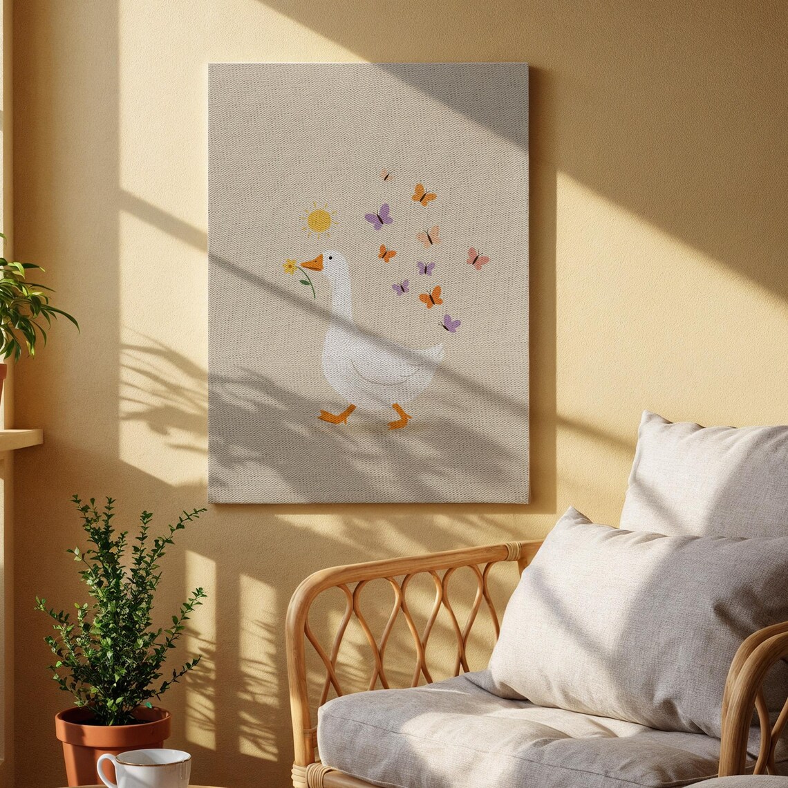 Duck With Butterflies Cute Floral Nursery Kids Room Minimal Art Poster
