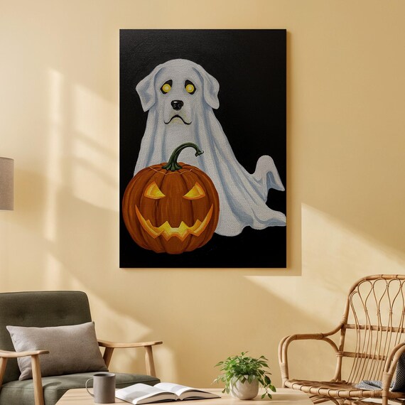 Dog With Pumpkin Canvas Art Cute Halloween Wall Print Spooky Pet Decor For Living Room Kids Or Seasonal Spaces