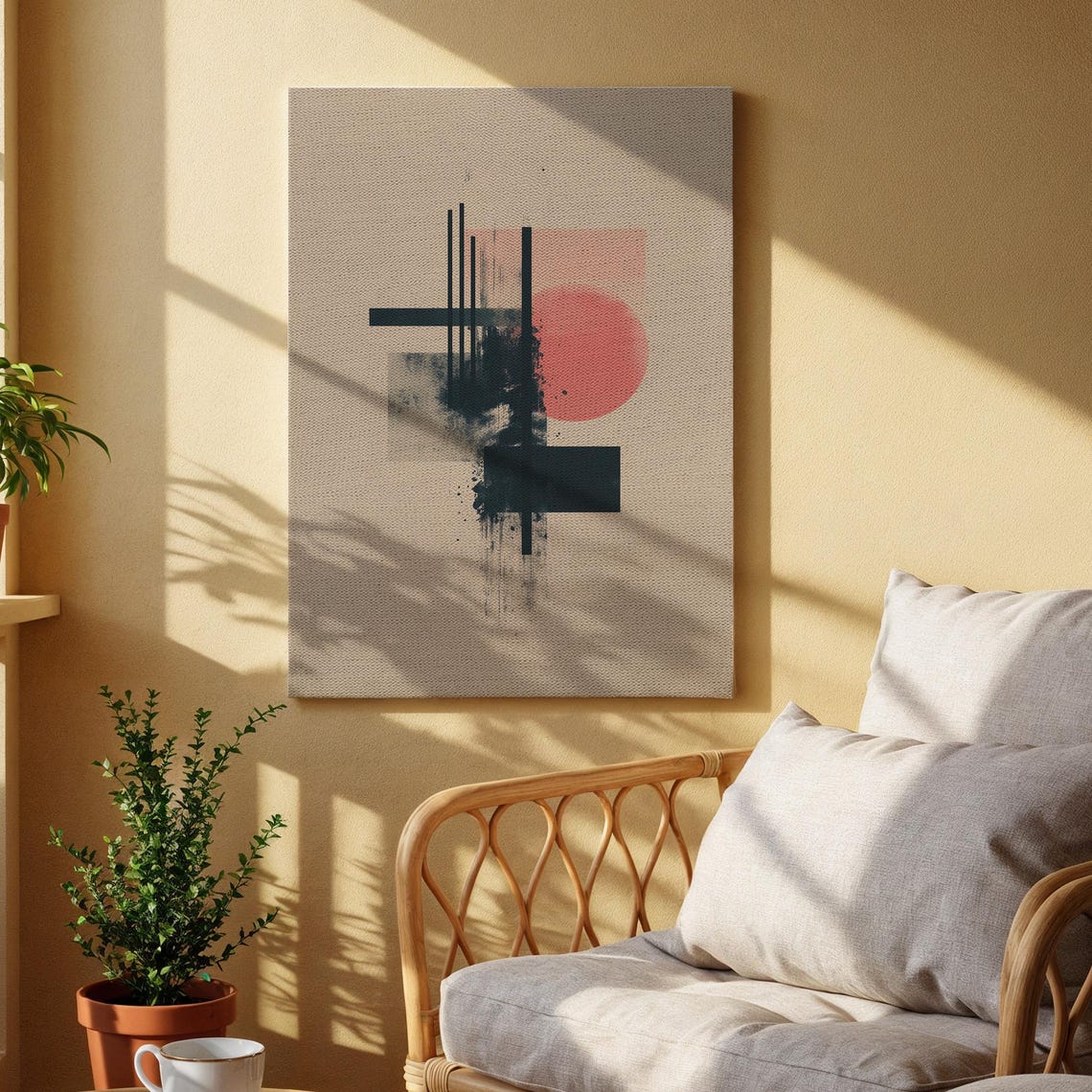 Minimalist Abstract Geometry Coral Sun Black Lines Canvas Print