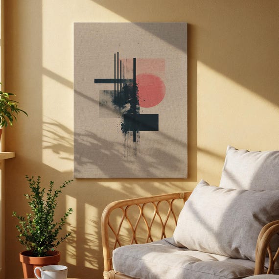 Modern Abstract Canvas Wall Art Minimalist Geometric Painting With Red Sun Accent Contemporary Artwork For Living Room Office Or Bedroom