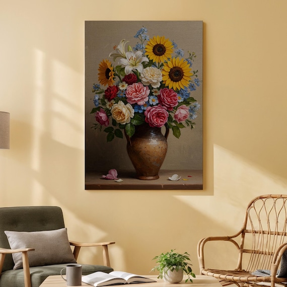 Sunflowers And Roses Rustic Vase Classic Floral Still Life Botanical Art Poster