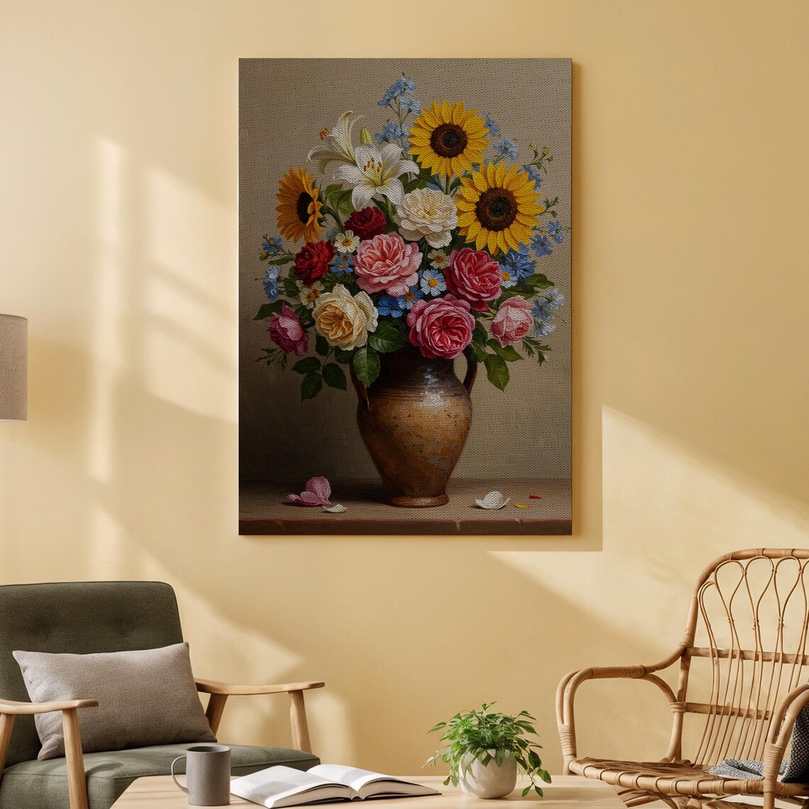 Sunflowers And Roses Rustic Vase Classic Floral Still Life Botanical Art Poster