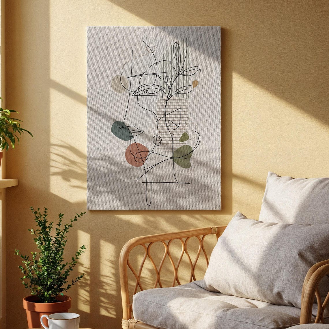 Abstract Line Art Face Drawing with Botanical Shapes Minimal Poster