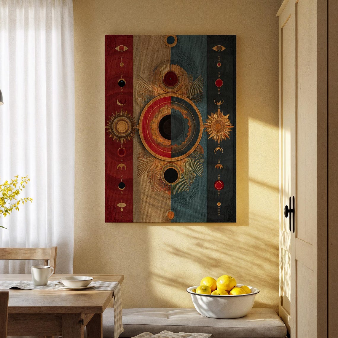 Mystical Sun And Moon Canvas Wall Art Geometric Celestial Design With Eyes Motifs Cosmic For Living Room Bedroom