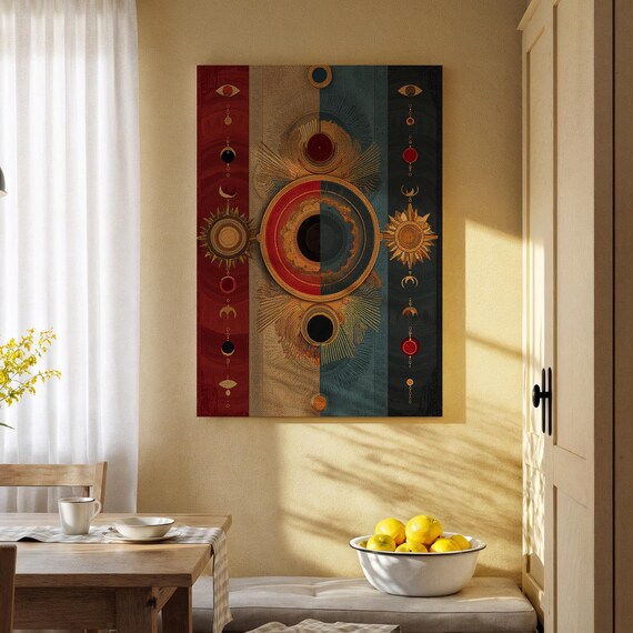 Mystical Sun And Moon Canvas Wall Art Geometric Celestial Design With Eyes Motifs Cosmic For Living Room Bedroom