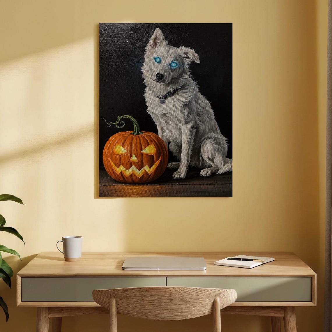 Haunted White Dog Glowing Eyes Jack O Lantern Halloween Wall Art