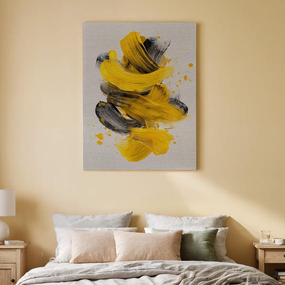 Yellow And Black Abstract Canvas Wall Art Bold Brushstroke Modern Painting Contemporary Minimal Accent For Living Room Office Or Studio
