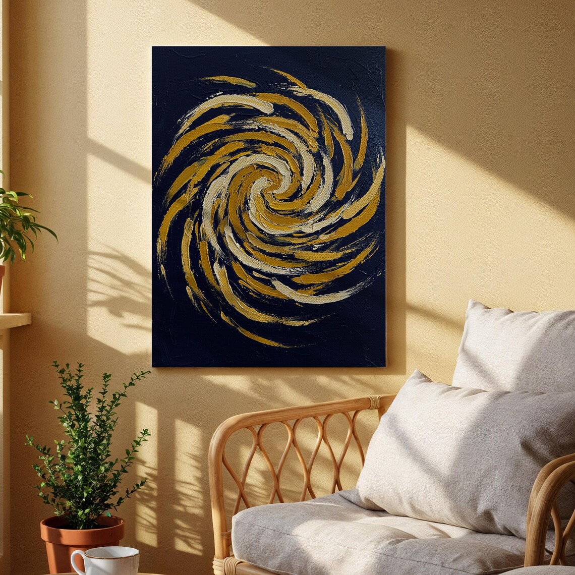 Golden Swirl Spiral On Navy Impasto Brushstroke Abstract Vortex Art Poster