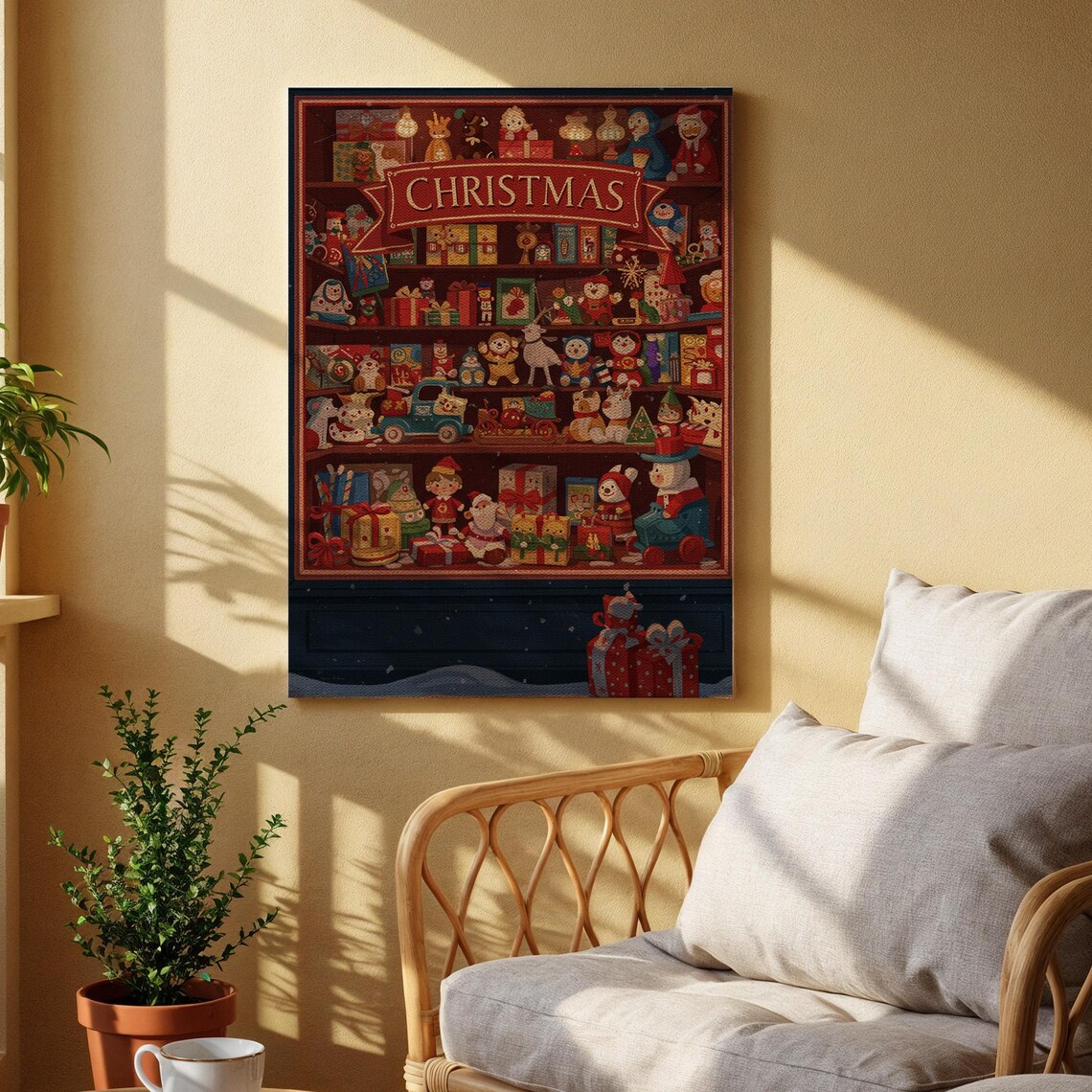 Vintage Christmas Toy Shop Festive Holiday Shelves Cozy Wall Art