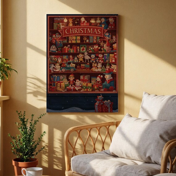 Vintage Christmas Toy Shop Festive Holiday Shelves Cozy Wall Art