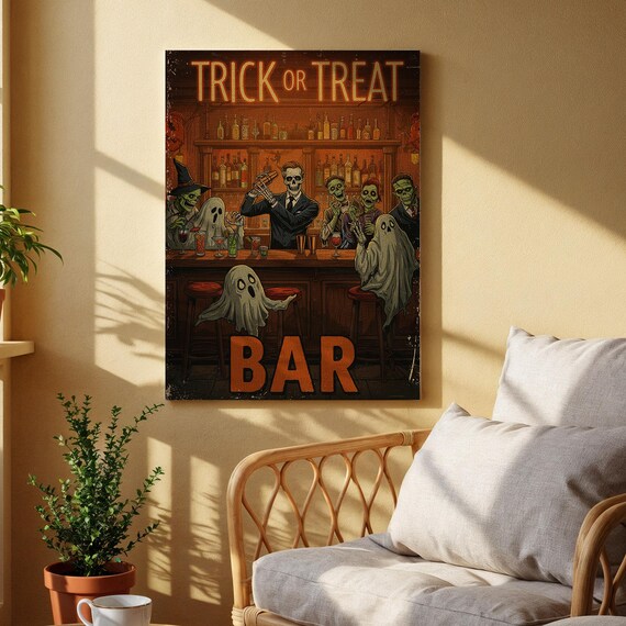 Trick Or Treat Bar Halloween Canvas Wall Art Spooky Cocktail Lounge Print Retro Gothic Decor For Home Kitchen Living Room