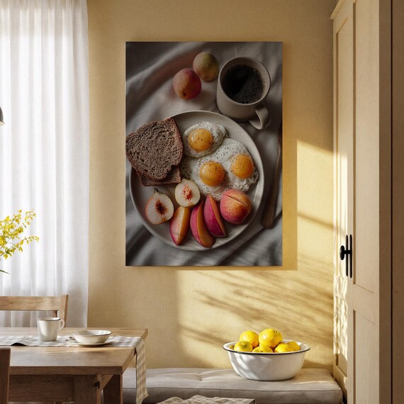 Breakfast Plate Fried Eggs Toast Peaches Coffee Food Photo Poster