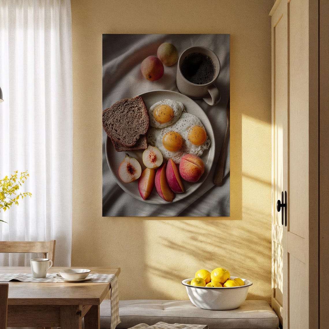 Breakfast Plate Fried Eggs Toast Peaches Coffee Food Photo Poster