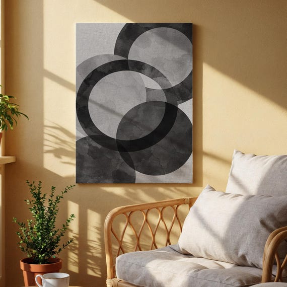 Geometric Circles Abstract Canvas Minimalist Black And Gray Wall Art Modern Overlapping Shapes Print For Living Room Office Or Bedroom