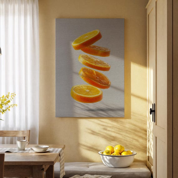 Floating Orange Slices Canvas Wall Art Citrus Fruit Modern Kitchen Artwork Fresh Vibrant Print For Dining Room Or Caf Decor
