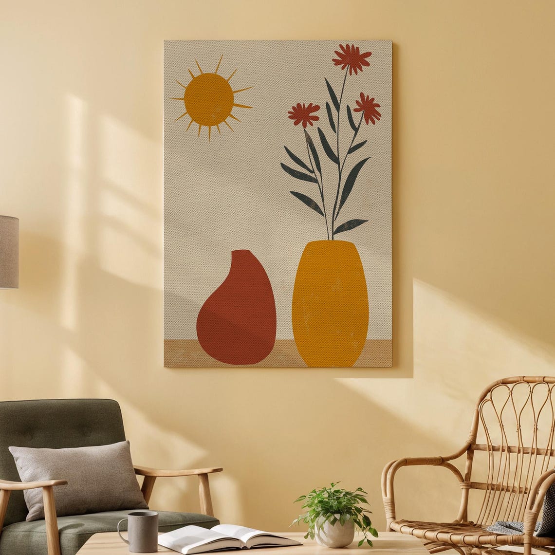 Boho Terracotta Vases and Sun Modern Abstract Floral Wall Art