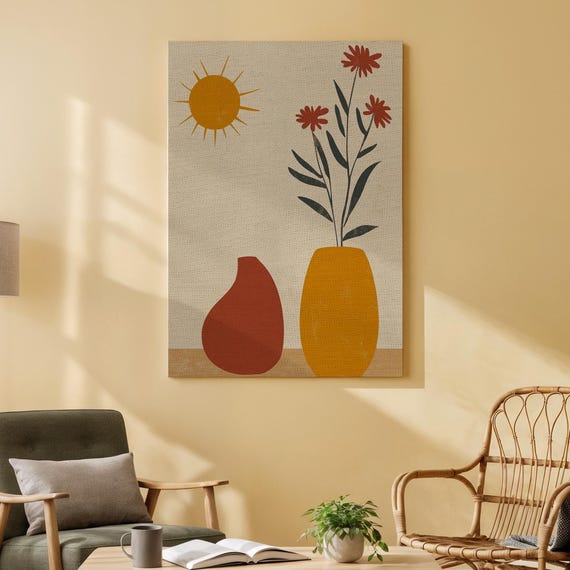 Abstract Floral Vases With Sun Canvas Wall Art Modern Minimalist Design Red And Yellow Cheerful Home Decor For Living Room