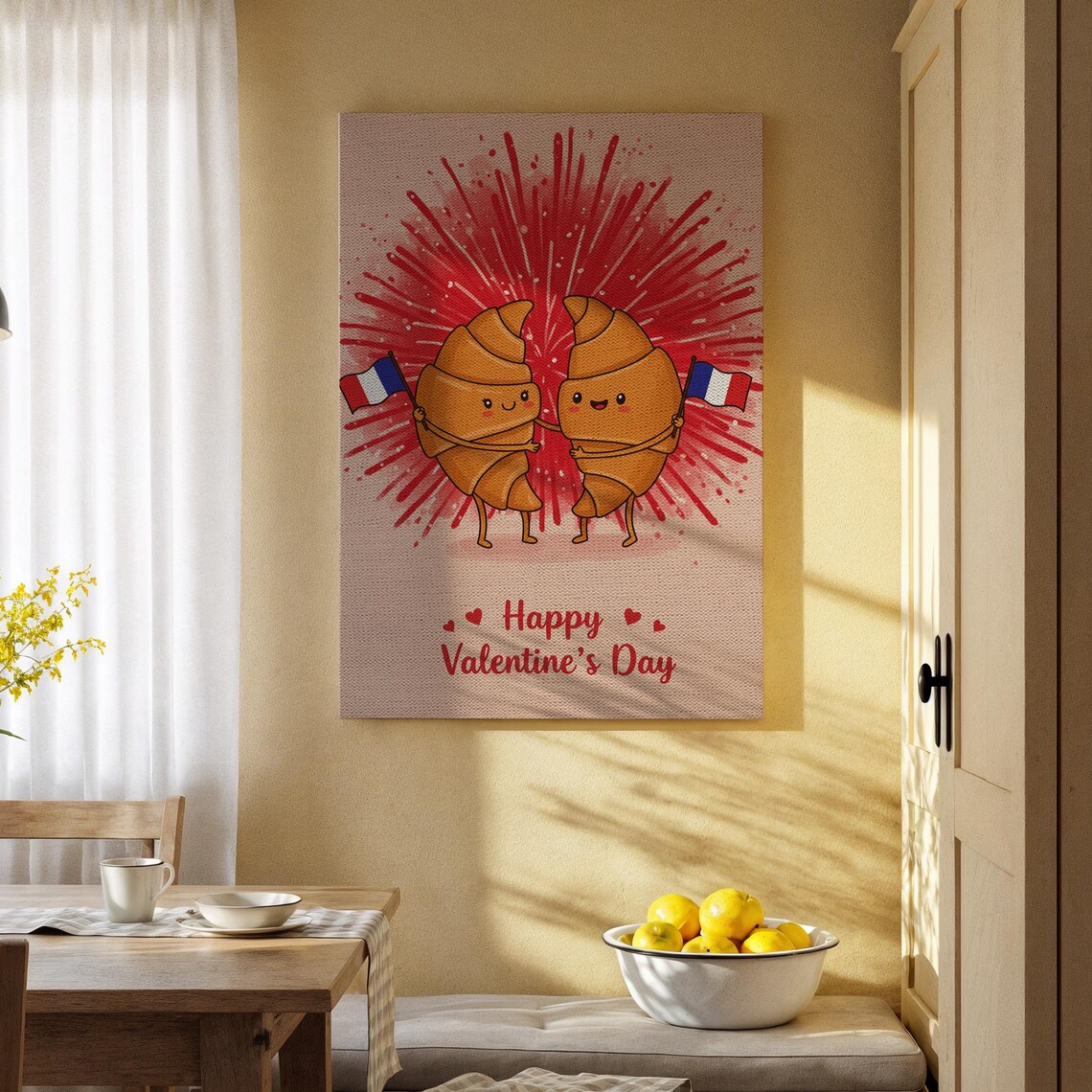 Happy Valentines Day Croissant Couple French Flags Canvas Art Poster