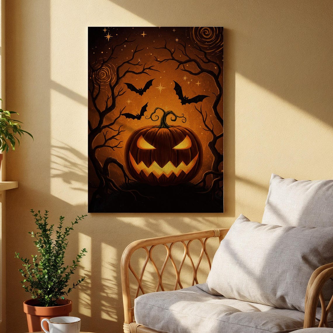 Glowing Jack O Lantern Bats Twisted Bare Trees Orange Night Sky Poster