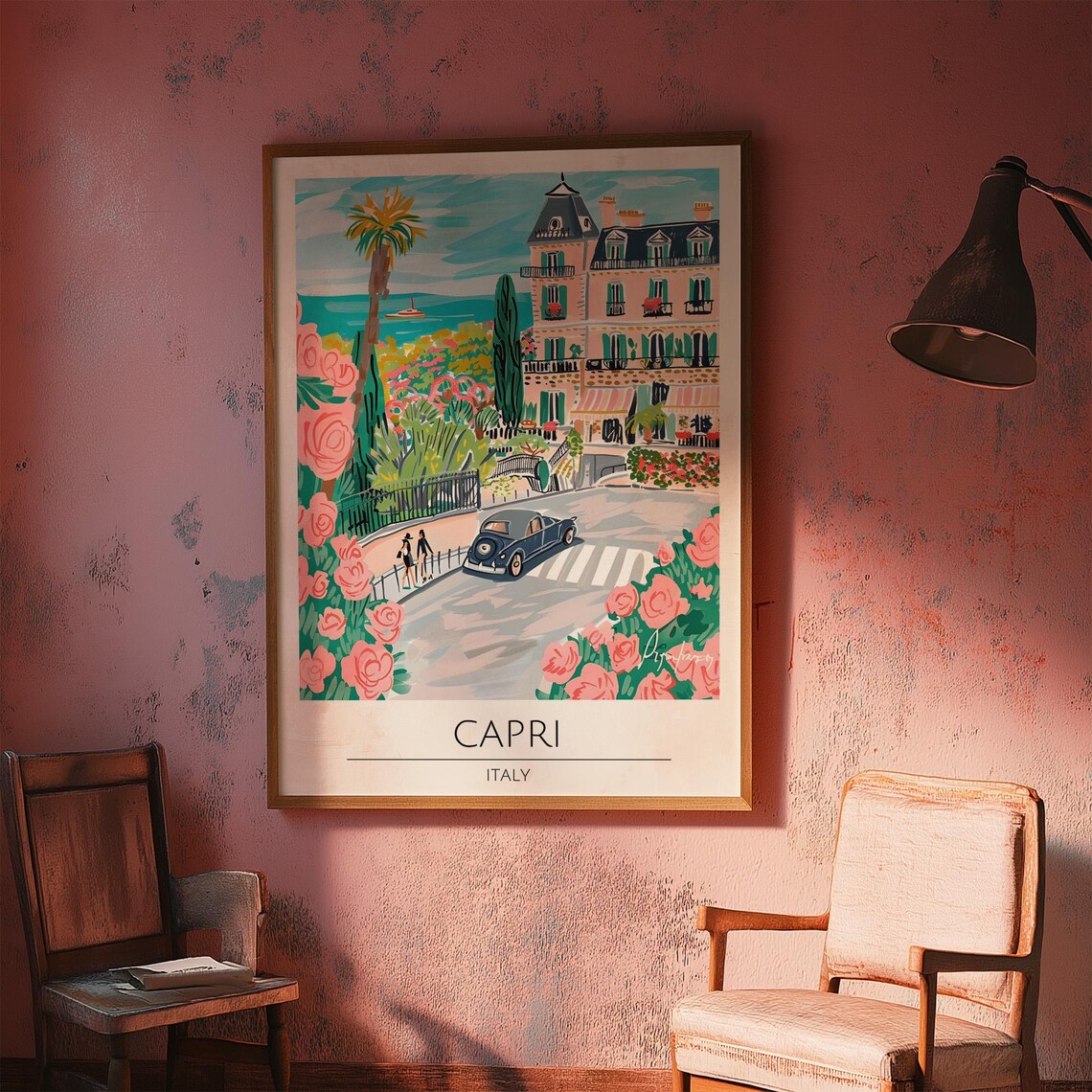 Capri Italy Street Vintage Car Pink Roses Illustrated Travel Poster