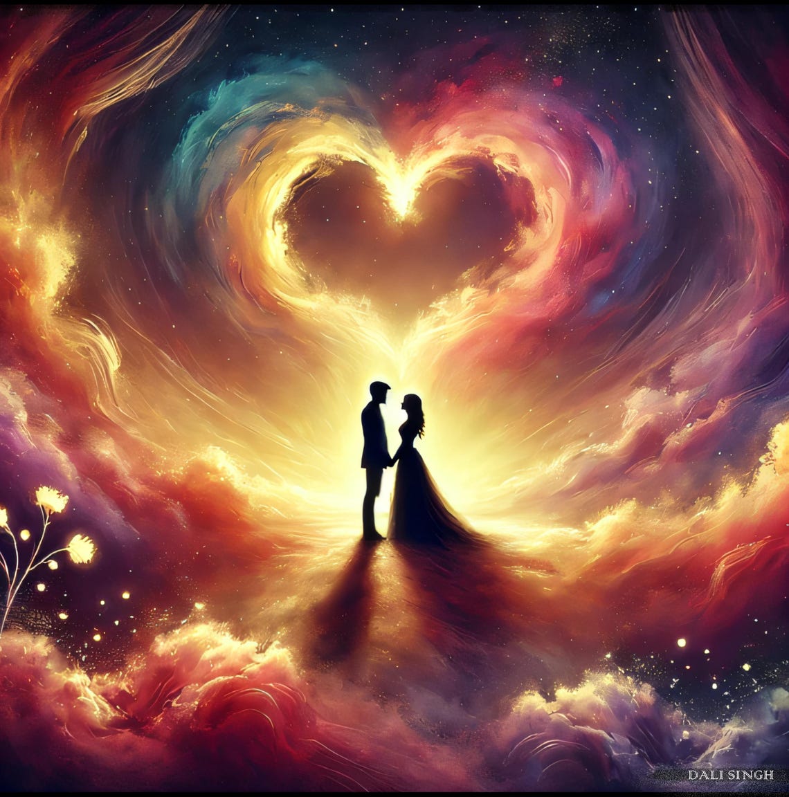 Couple Silhouette beneath a Cosmic Heart Nebula Dream Sky Art Poster