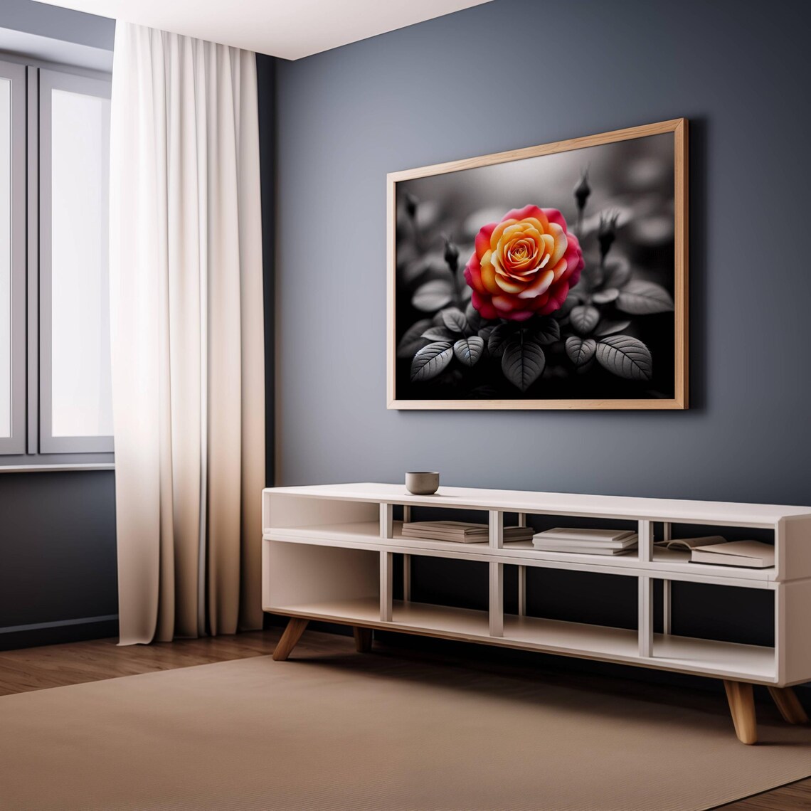 Color Pop Orange Rose Blooming On Black And White Photo Poster - Image 2