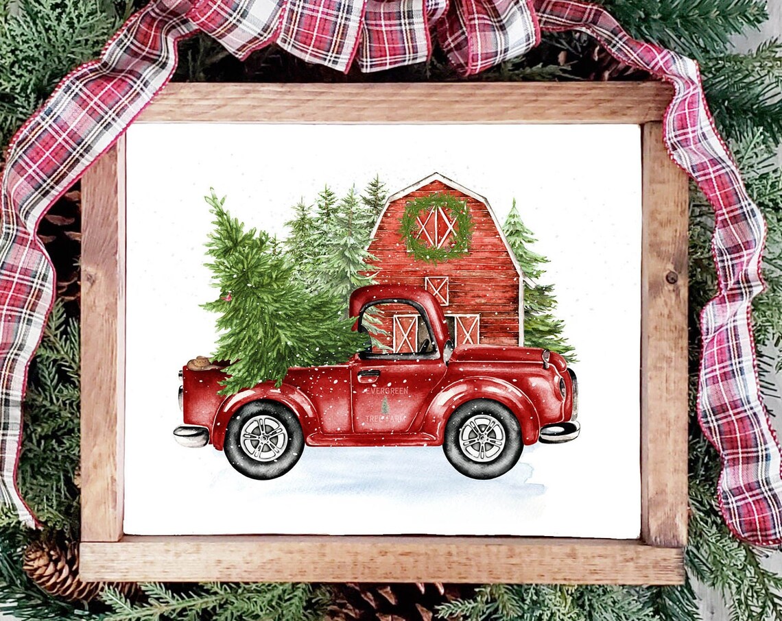 Vintage Red Pickup Truck Christmas Tree Farm Holiday Wall Art