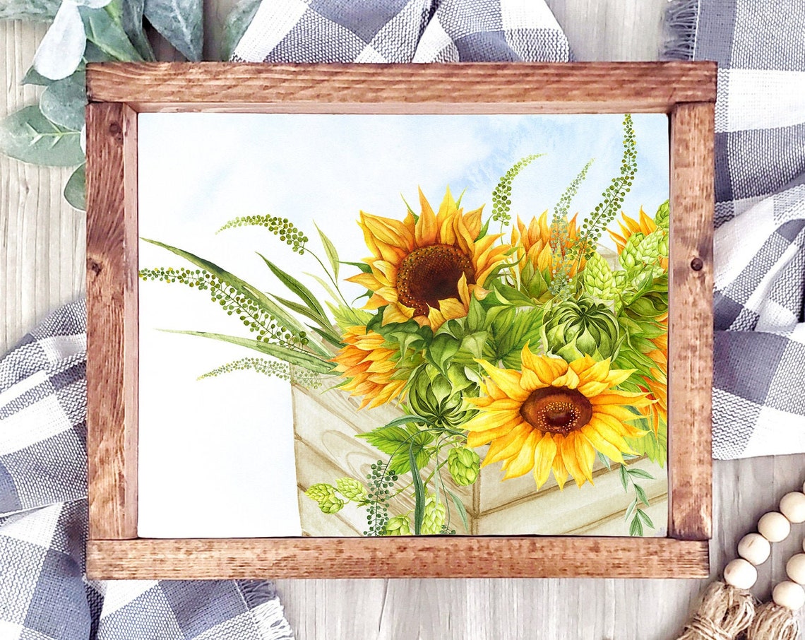 Sunflower Farmhouse Decor Sunflower Bouquet Crate Summer Floral Wall Art 4x6 5x7 8x10 11x14 16x20 Country Sunflower Sign Diy Decor