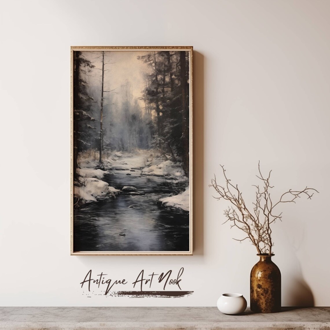 Winter River Scene, Atmospheric Landscape Art Print