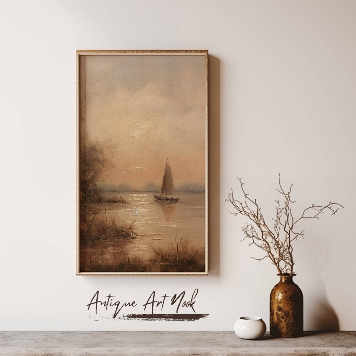 Sailing Boat Vintage Seascape, Coastal Oil Painting