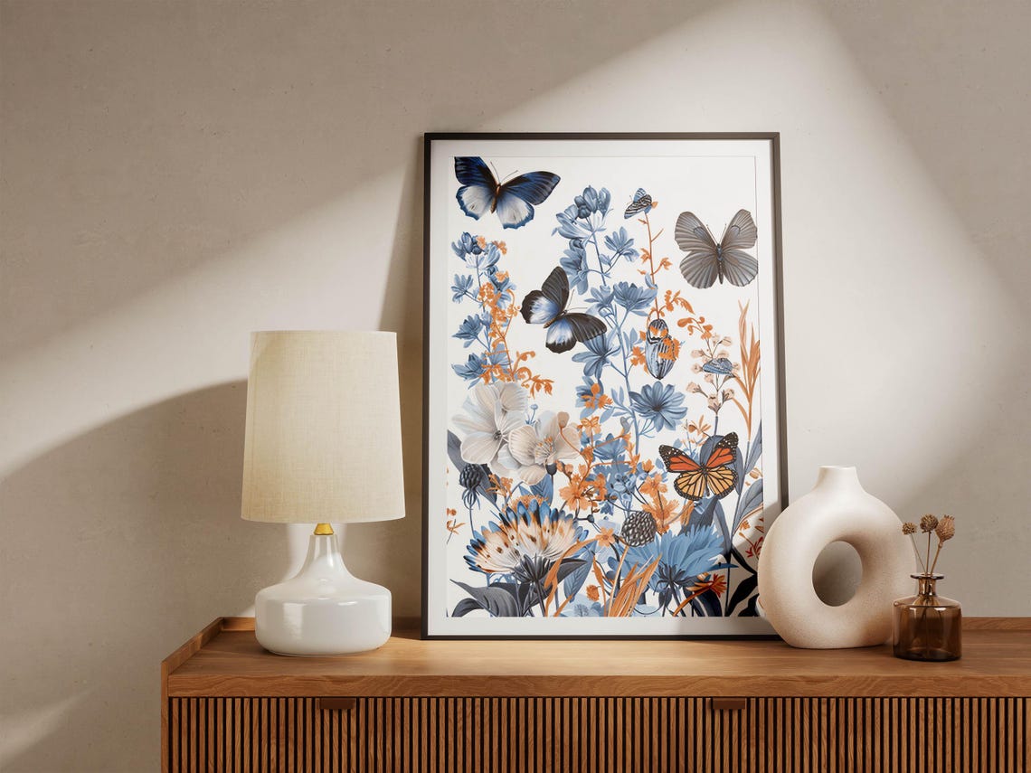 Blue and Orange Butterflies Dancing Among Wildflowers Poster - Image 5