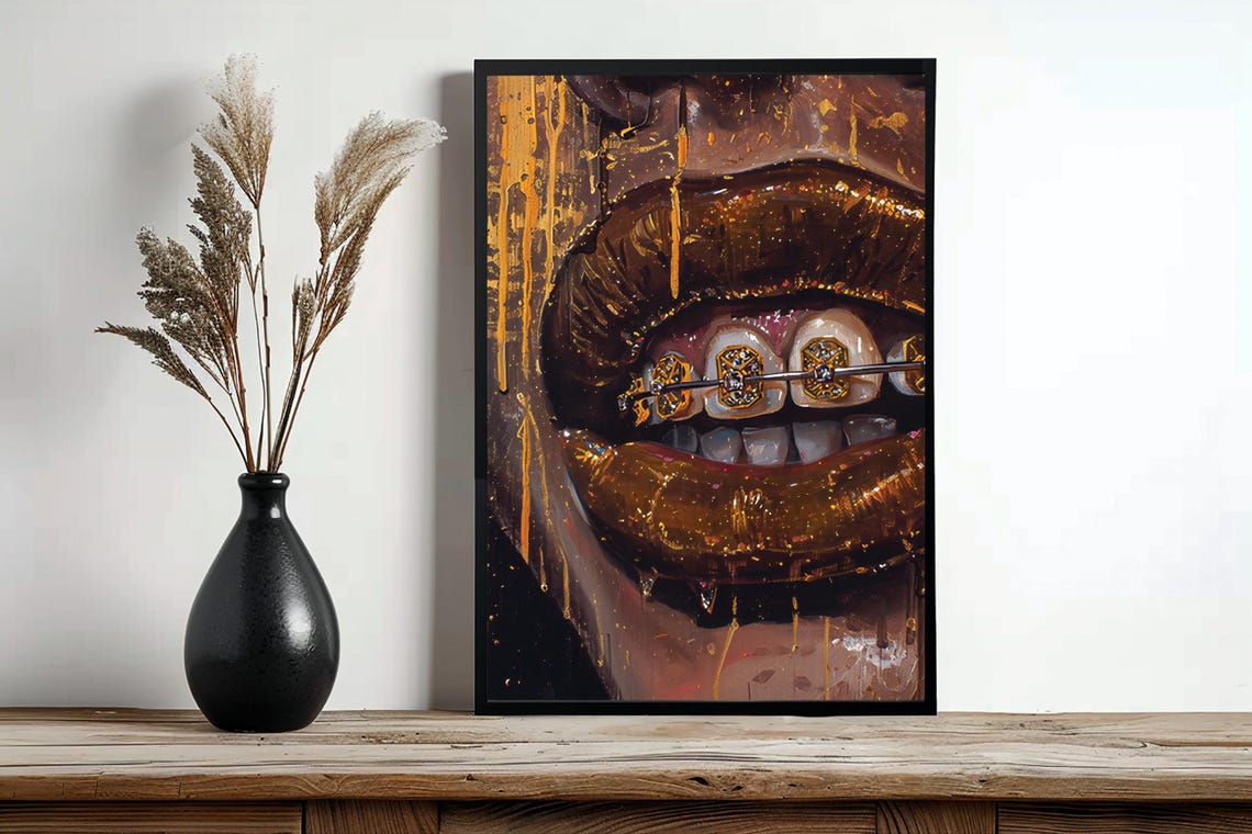 Bronze Lips with Gold Tooth Grill Dripping Paint Art Portrait Poster - Image 4