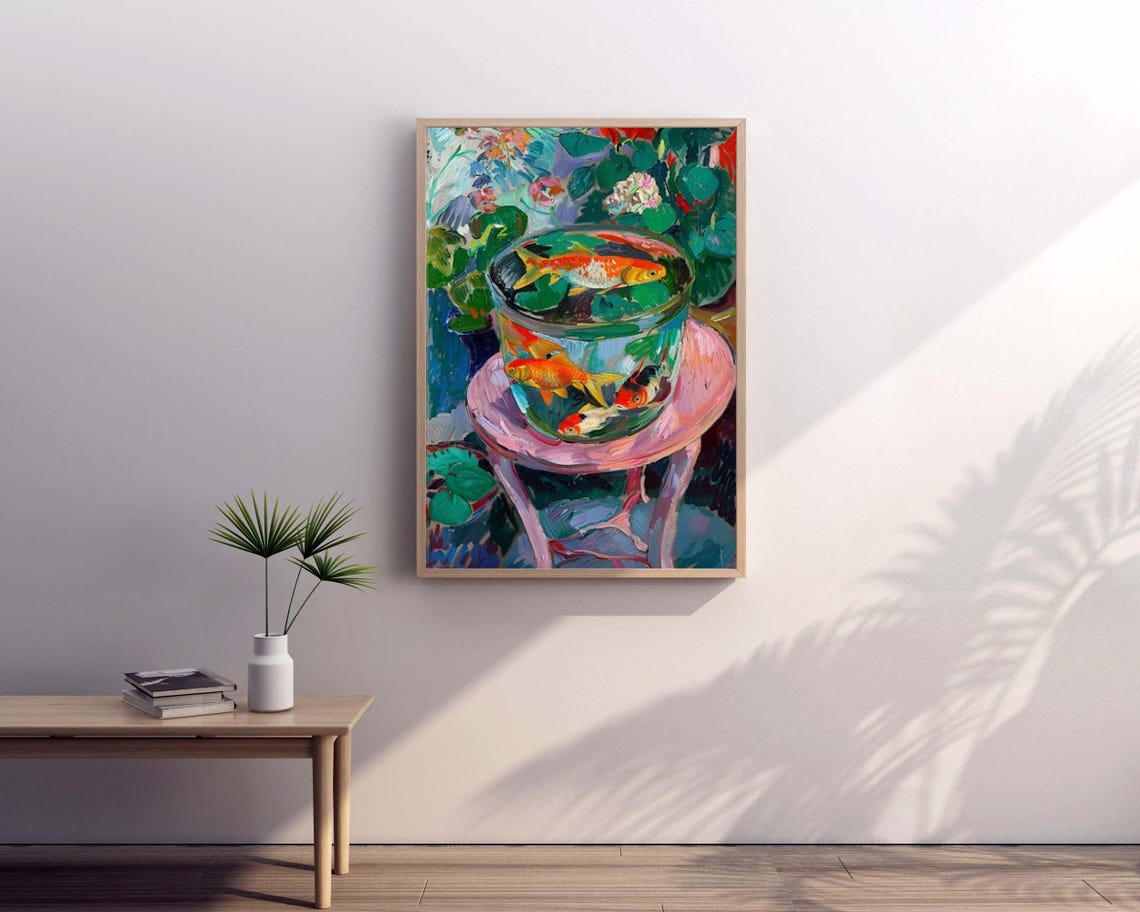 Goldfish in a Glass Fishbowl Surrounded by Flowers Art Poster - Image 6