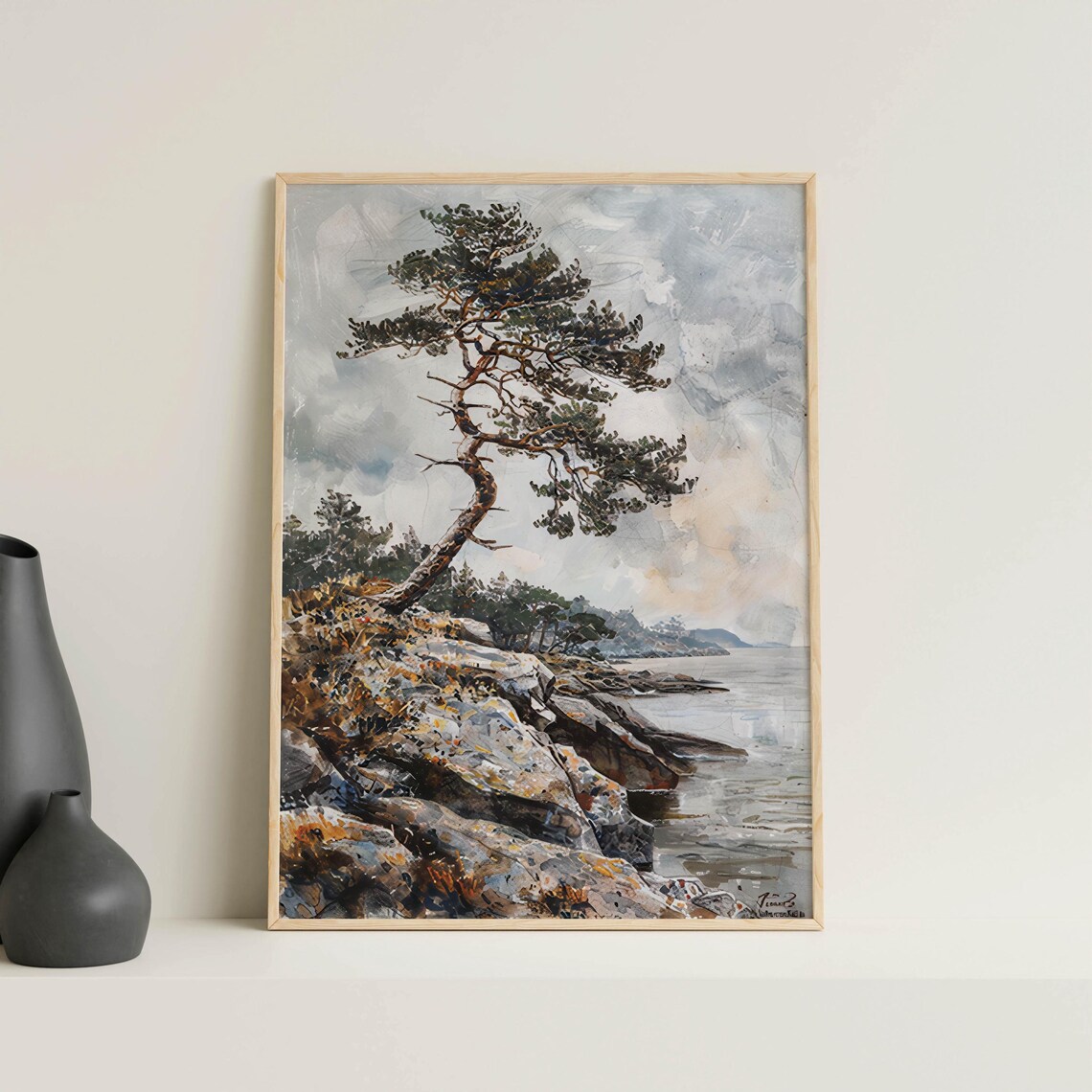 Cliffside Pine Painting, Minimalist Tree Portrait