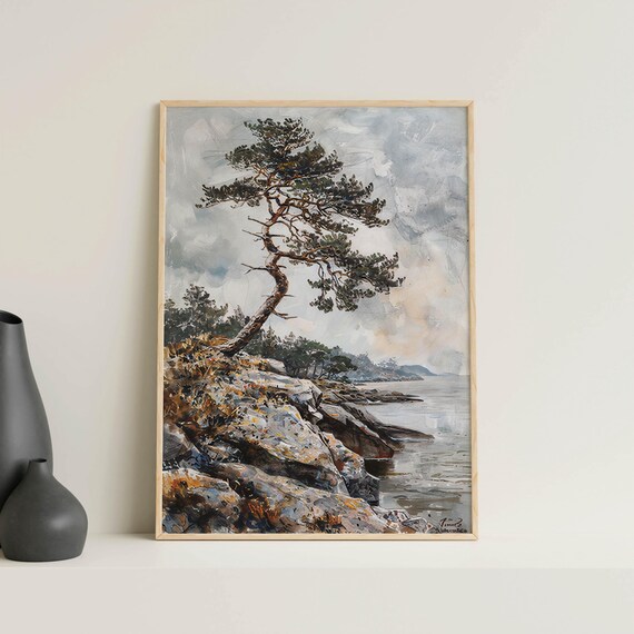 Cliffside Pine Painting, Minimalist Tree Portrait