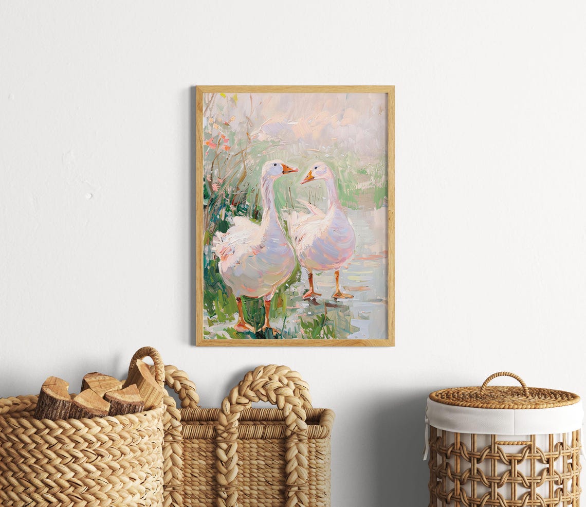 Two White Geese by the Water in Soft Pastel Impressionist Oil Poster - Image 5