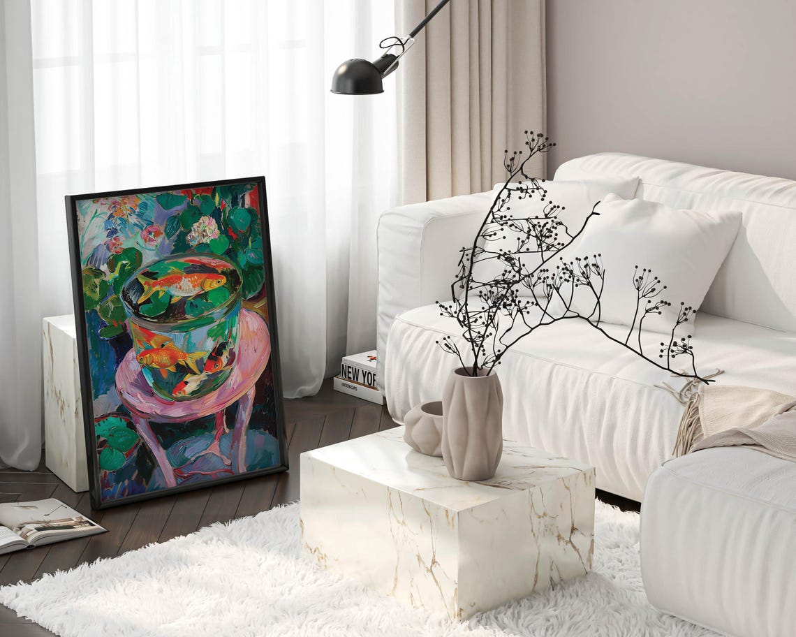 Goldfish in a Glass Fishbowl Surrounded by Flowers Art Poster - Image 5