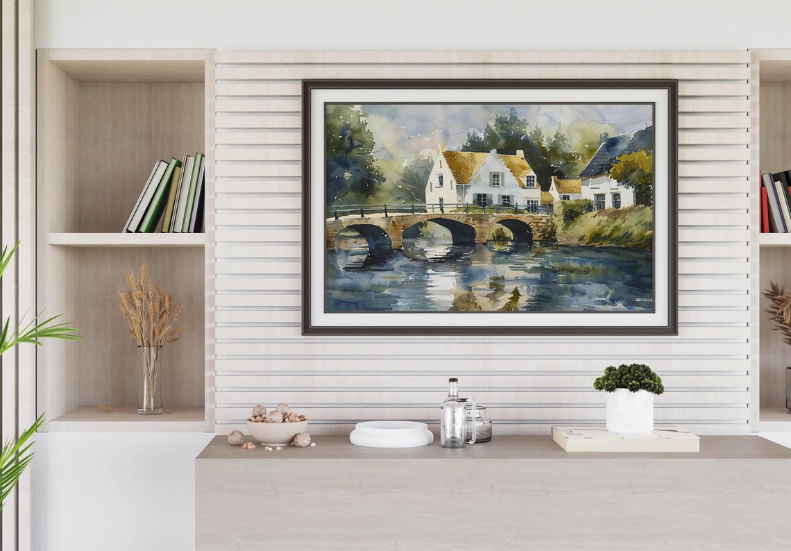 European Canal Village Triple Arch Stone Bridge Watercolor Poster - Image 2