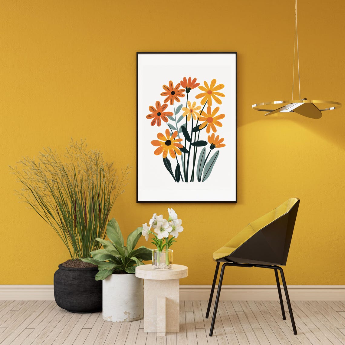Orange Marigold Daisy Bouquet Modern Floral Illustration Poster - Image 4