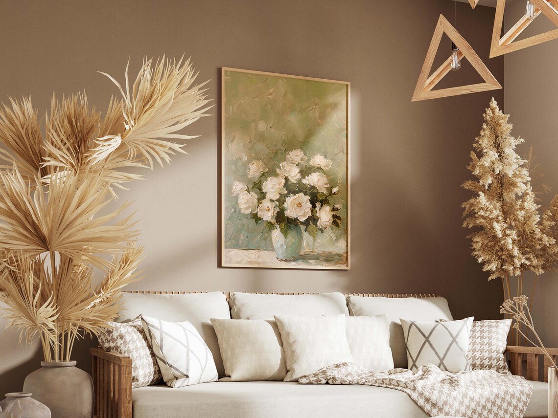 White Roses in a Green Vase Impressionist Oil Painting Poster - Image 6