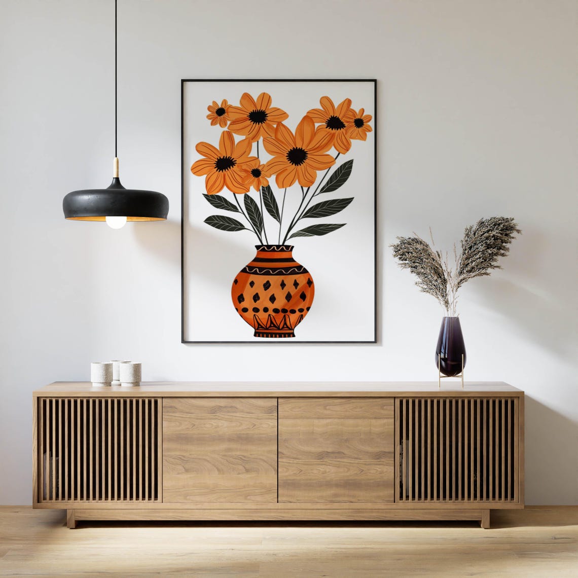 Bold Orange Daisies in a Patterned Terracotta Vase Boho Poster - Image 4