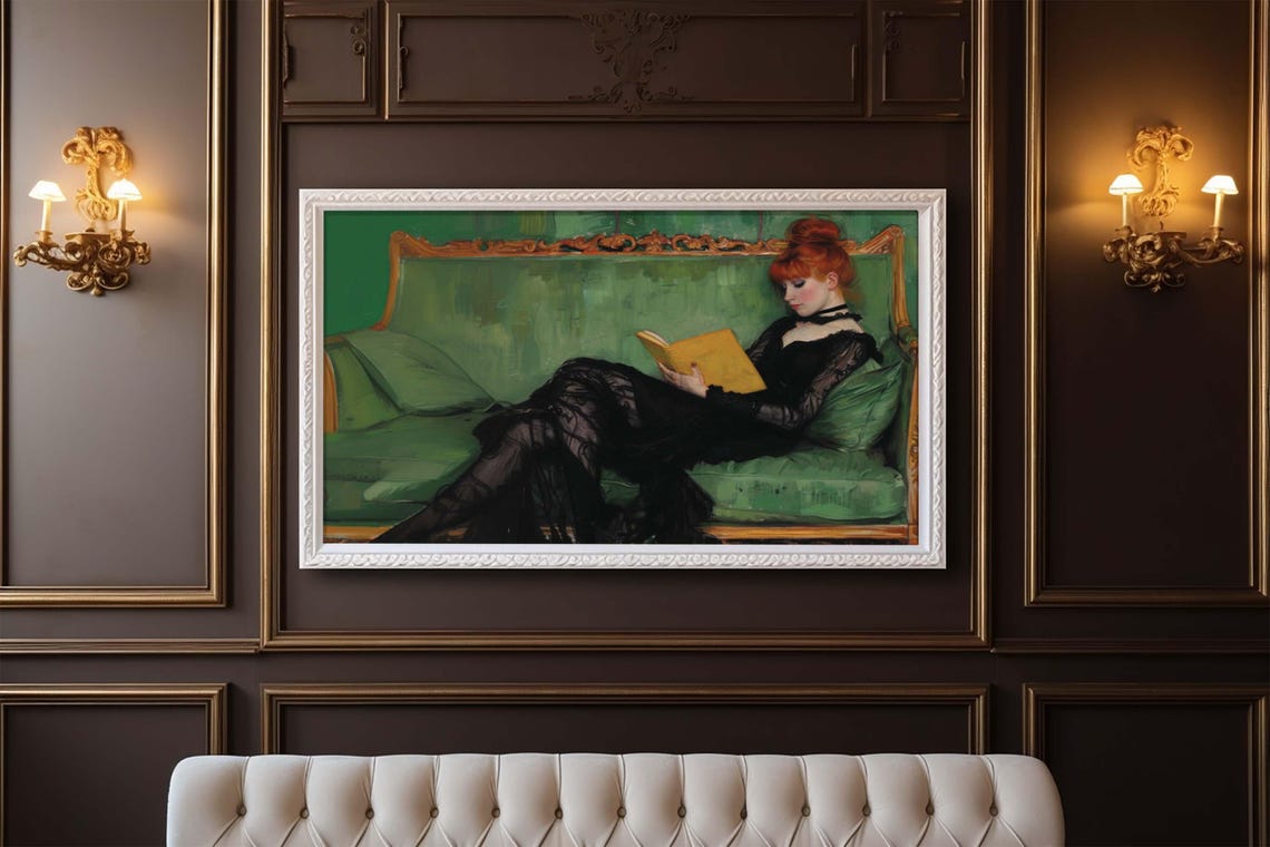 Red-Haired Woman Reading a Book on Emerald Sofa Vintage Poster - Image 3