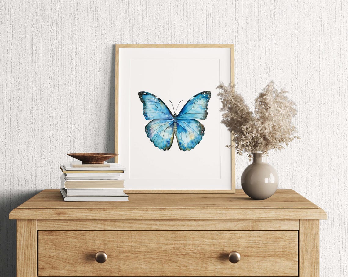 Bright Blue Butterfly Watercolor Study Minimalist Botanical Poster - Image 3