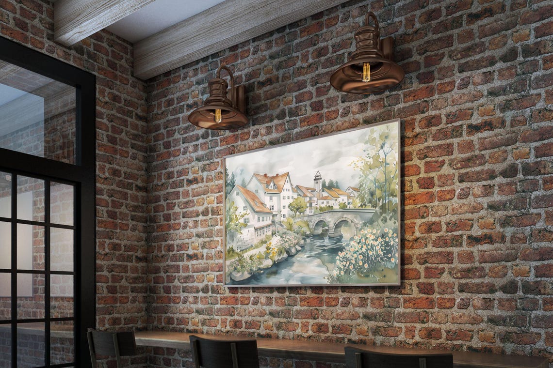 Old European Town with Double-Arched Stone Bridge Watercolor Poster - Image 2