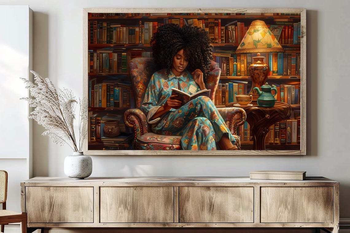 Woman Reading in Cozy Library Armchair Afrocentric Book Art Poster - Image 2
