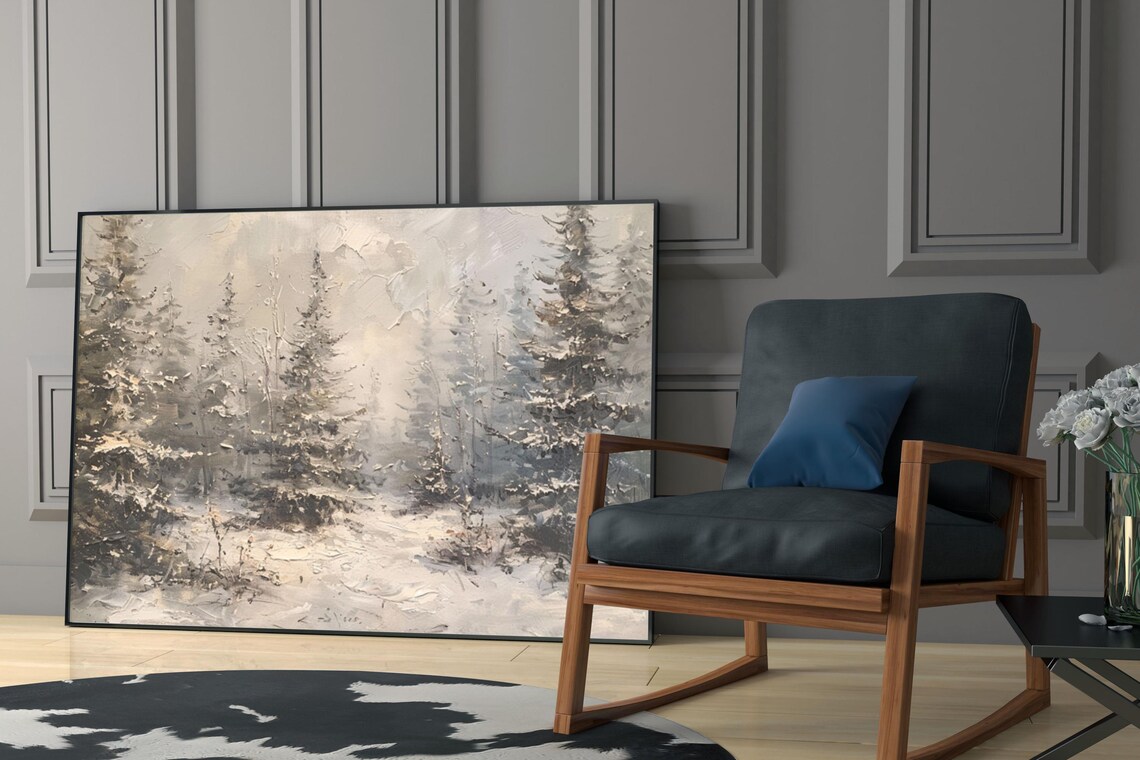 Misty Snowy Pine Forest Neutral Tones Textured Oil Painting Poster - Image 3