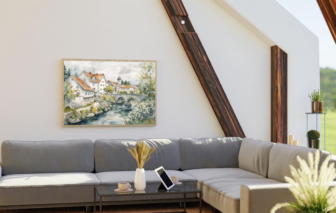 Old European Town with Double-Arched Stone Bridge Watercolor Poster - Image 3