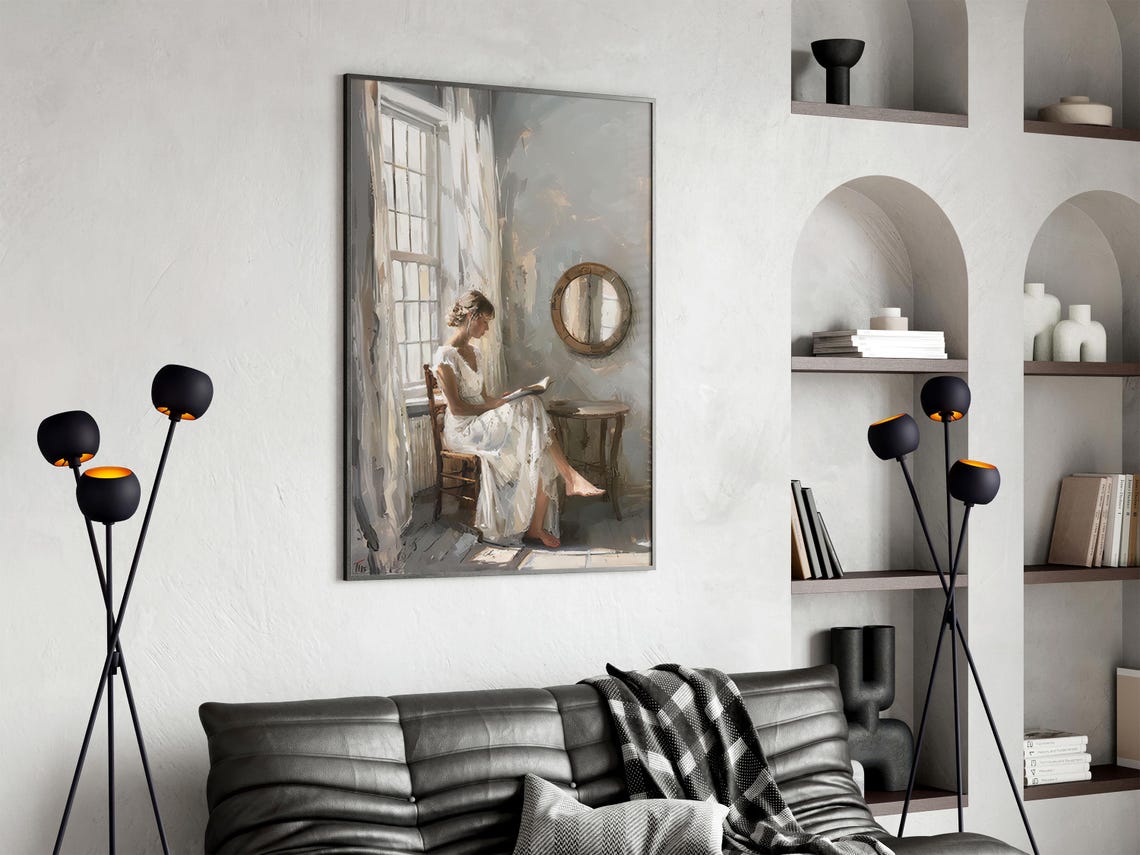 Young Woman Reading Beside a Window with a Round Mirror Vintage Poster - Image 5
